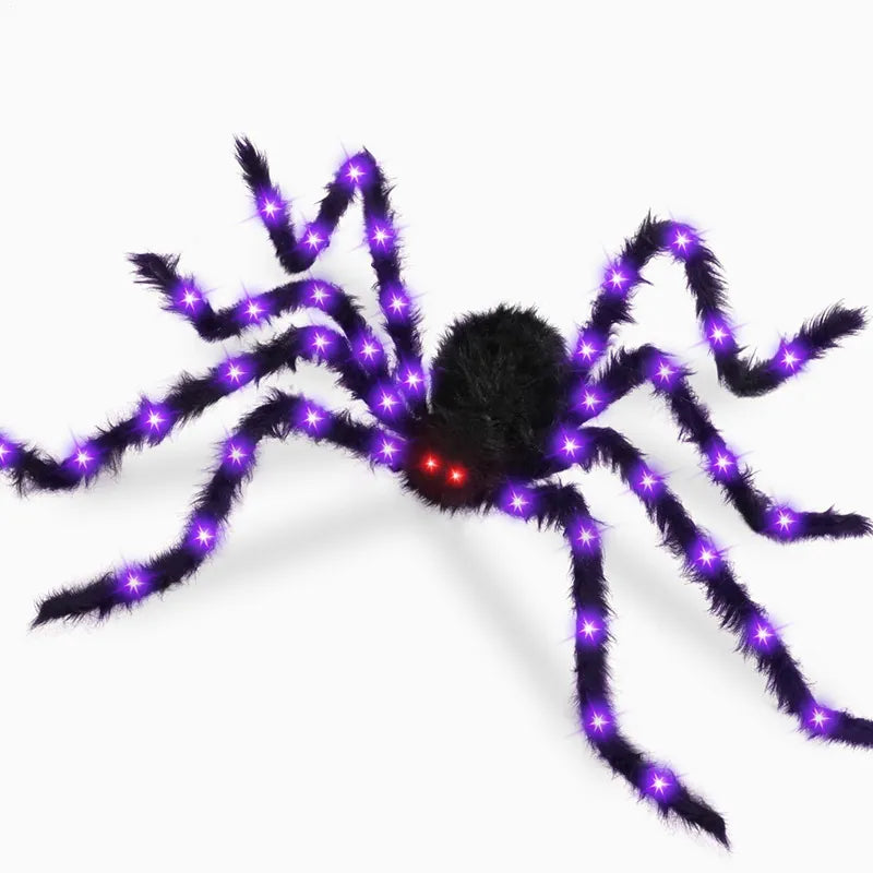 Halloween Riesen Spinne Leuchtend Spinnennetz Plüsch Gruselig Rote Augen Lila LED Beine Außen Party Deko Requisite