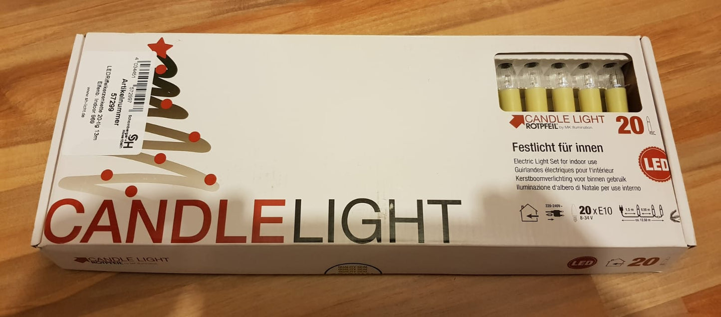 Scharnberger+Hasenbein LED ribbed candle string lights, 20 pieces, 13m, ivory, 0.2W LEDs, 50cm spacing, indoor, type 969