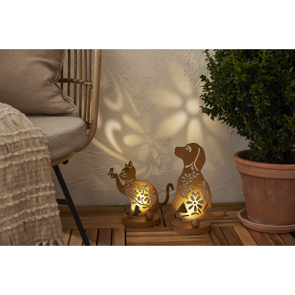 Star Trading LED-Solar-Dekoration "Oxicat", sitzende Katze Rost, Metall, ca. 25x30 cm, ww LED, Akku, outdoor, Vierfarb-Karton