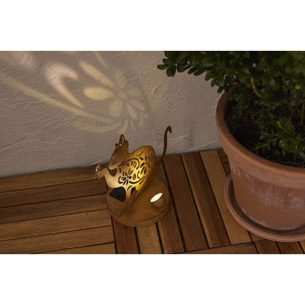 Star Trading LED-Solar-Dekoration "Oxicat", sitzende Katze Rost, Metall, ca. 25x30 cm, ww LED, Akku, outdoor, Vierfarb-Karton
