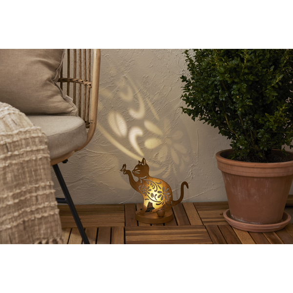 Star Trading LED-Solar-Dekoration "Oxicat", sitzende Katze Rost, Metall, ca. 25x30 cm, ww LED, Akku, outdoor, Vierfarb-Karton