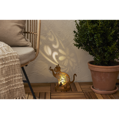 Star Trading LED-Solar-Dekoration "Oxicat", sitzende Katze Rost, Metall, ca. 25x30 cm, ww LED, Akku, outdoor, Vierfarb-Karton