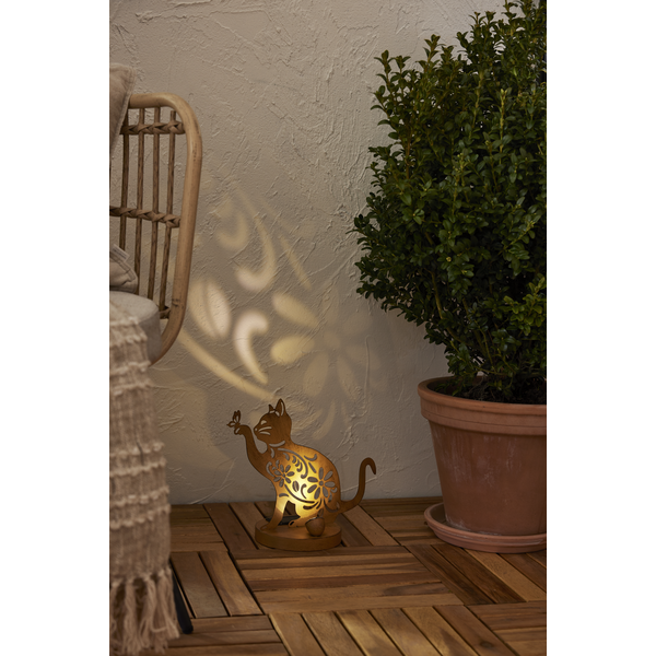 Star Trading LED-Solar-Dekoration "Oxicat", sitzende Katze Rost, Metall, ca. 25x30 cm, ww LED, Akku, outdoor, Vierfarb-Karton