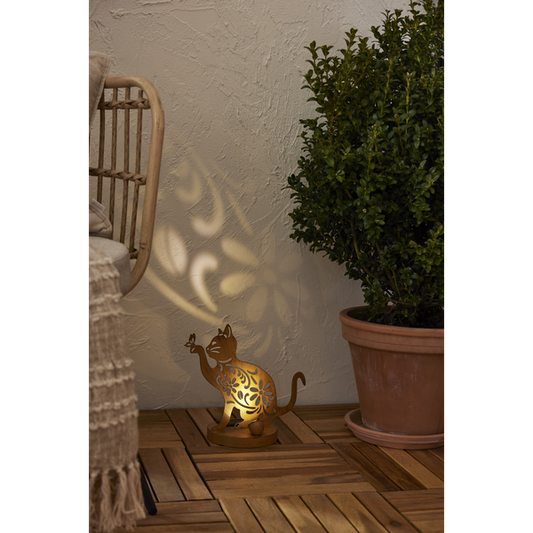 Star Trading LED-Solar-Dekoration "Oxicat", sitzende Katze Rost, Metall, ca. 25x30 cm, ww LED, Akku, outdoor, Vierfarb-Karton