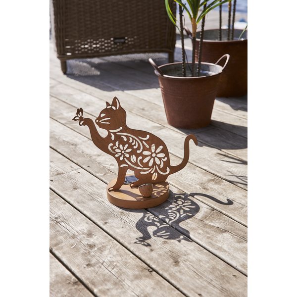 Star Trading LED-Solar-Dekoration "Oxicat", sitzende Katze Rost, Metall, ca. 25x30 cm, ww LED, Akku, outdoor, Vierfarb-Karton