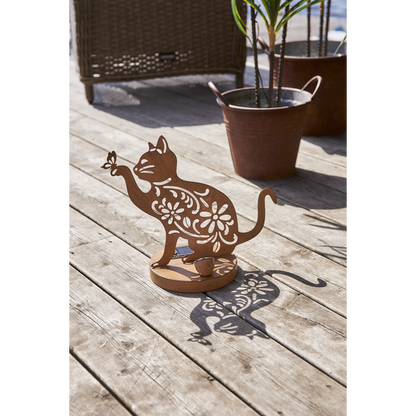 Star Trading LED-Solar-Dekoration "Oxicat", sitzende Katze Rost, Metall, ca. 25x30 cm, ww LED, Akku, outdoor, Vierfarb-Karton