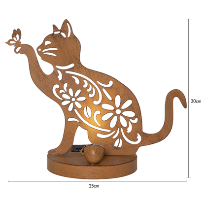 Star Trading LED-Solar-Dekoration "Oxicat", sitzende Katze Rost, Metall, ca. 25x30 cm, ww LED, Akku, outdoor, Vierfarb-Karton