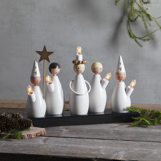 Star Trading Fensterleuchter "Luciakör" 5-flammig, Material: Holz, weiß, ca. 22x33 cm, mit Trafo, Vierfarb-Karton