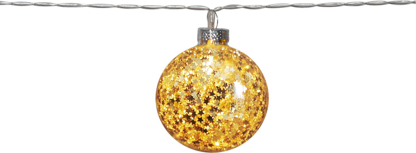 Star Trading LED-Lichterkette "Glitter" 10 goldene Kugeln, Kabel: transparent, 10 warmwhite LED, ca. 130x6 cm, Batterie, Timer, Vierfarb-Karton