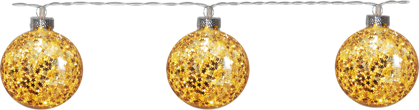 Star Trading LED-Lichterkette "Glitter" 10 goldene Kugeln, Kabel: transparent, 10 warmwhite LED, ca. 130x6 cm, Batterie, Timer, Vierfarb-Karton