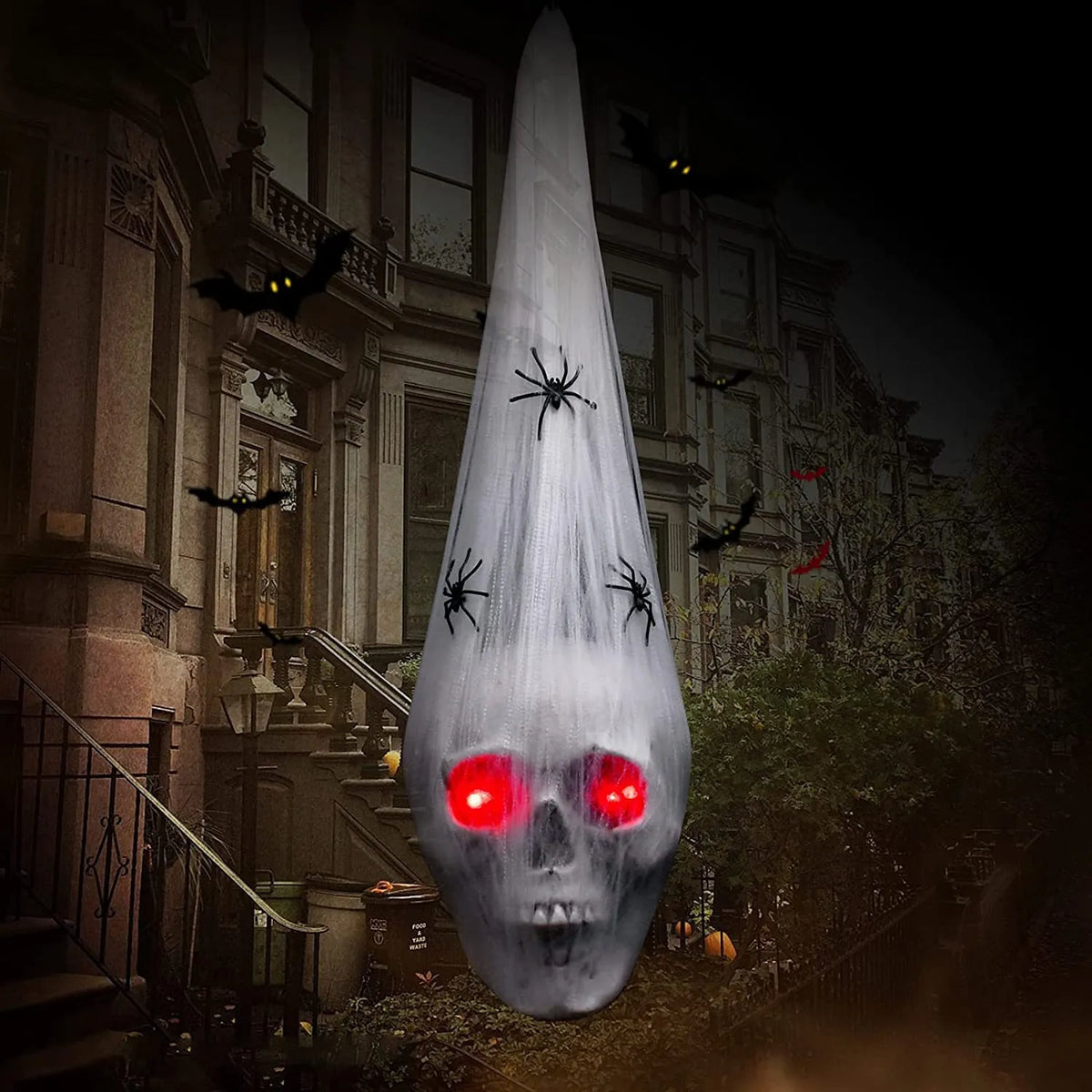 Halloween Hängende Dekoration Leuchtende LED Skelett Kopf Spinne Netz Horror Geräuschaktiviert Geisterhaus Garten Requisite
