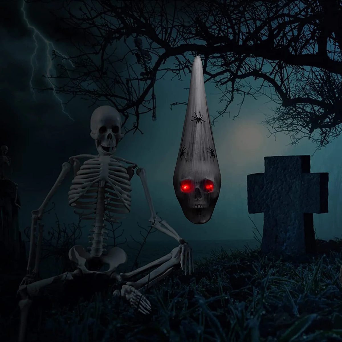 Halloween Hängende Dekoration Leuchtende LED Skelett Kopf Spinne Netz Horror Geräuschaktiviert Geisterhaus Garten Requisite