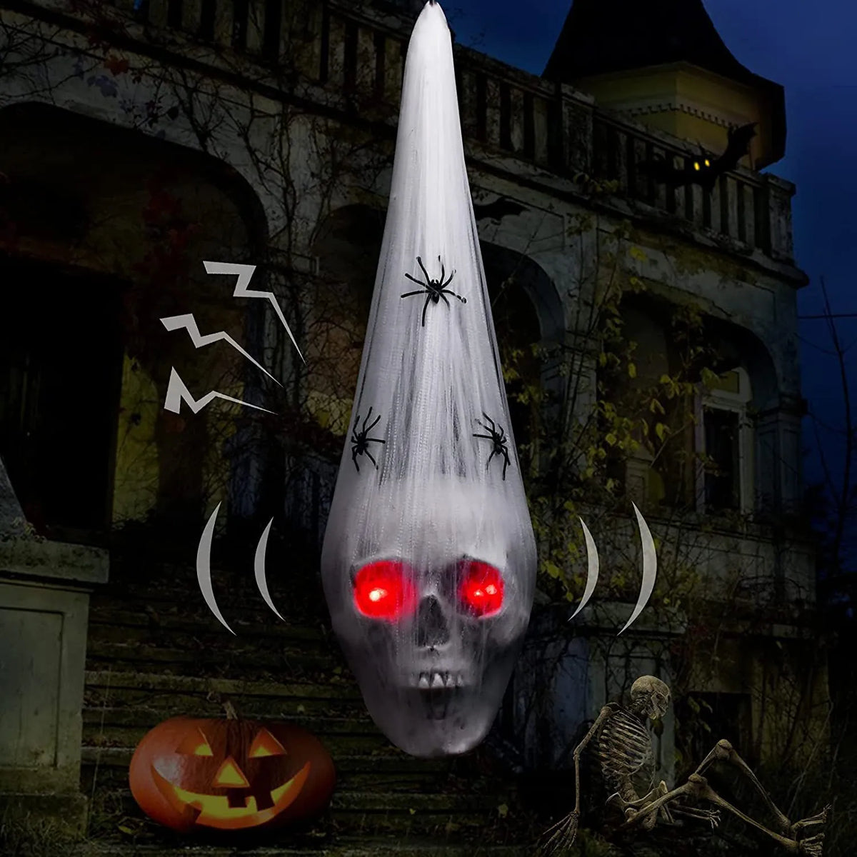 Halloween Hängende Dekoration Leuchtende LED Skelett Kopf Spinne Netz Horror Geräuschaktiviert Geisterhaus Garten Requisite