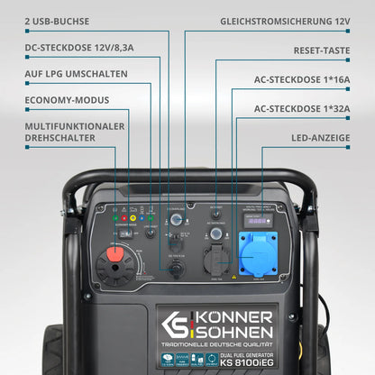 "Könner & Söhnen" LPG/Benzin-Inverter-Generator KS 8100iEG - 8kW Nennleistung - Gas-/Benzinmotor