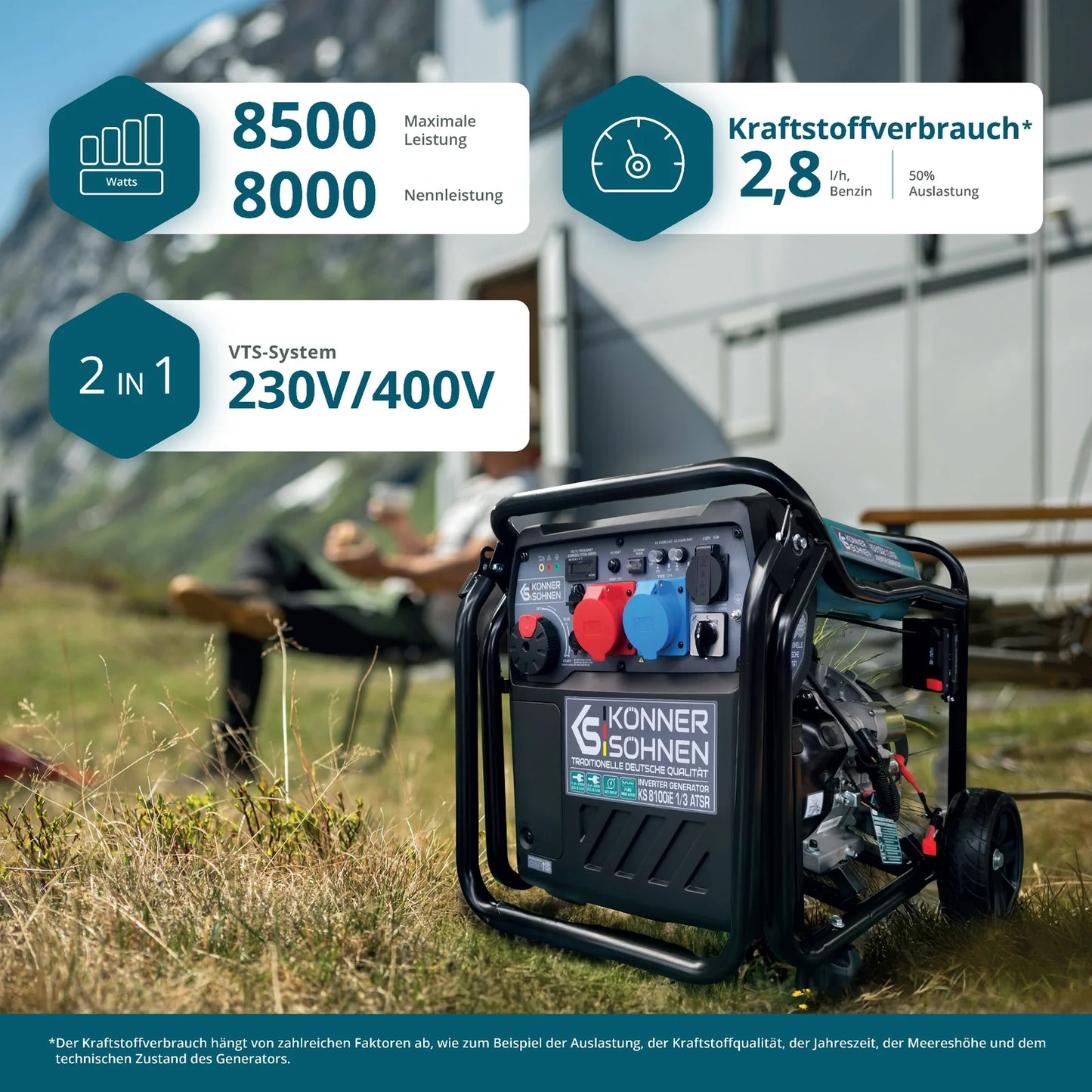 "Könner &amp; Söhnen" Inverter Generator KS 8100iE 1/3 ATSR - 8kW Rated Power (230/400V available without switching losses) - Petrol Engine