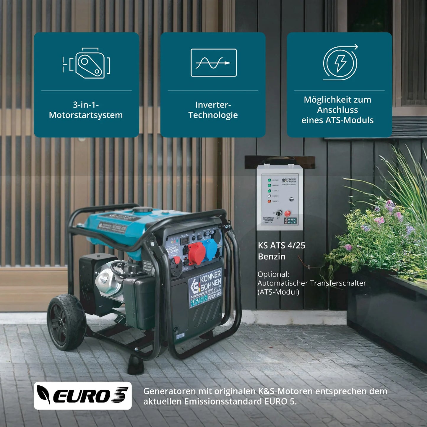 "Könner &amp; Söhnen" Inverter Generator KS 8100iE 1/3 ATSR - 8kW Rated Power (230/400V available without switching losses) - Petrol Engine