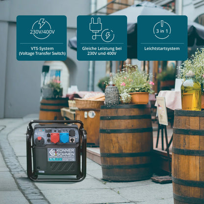 "Könner &amp; Söhnen" Inverter Generator KS 8100iE 1/3 ATSR - 8kW Rated Power (230/400V available without switching losses) - Petrol Engine