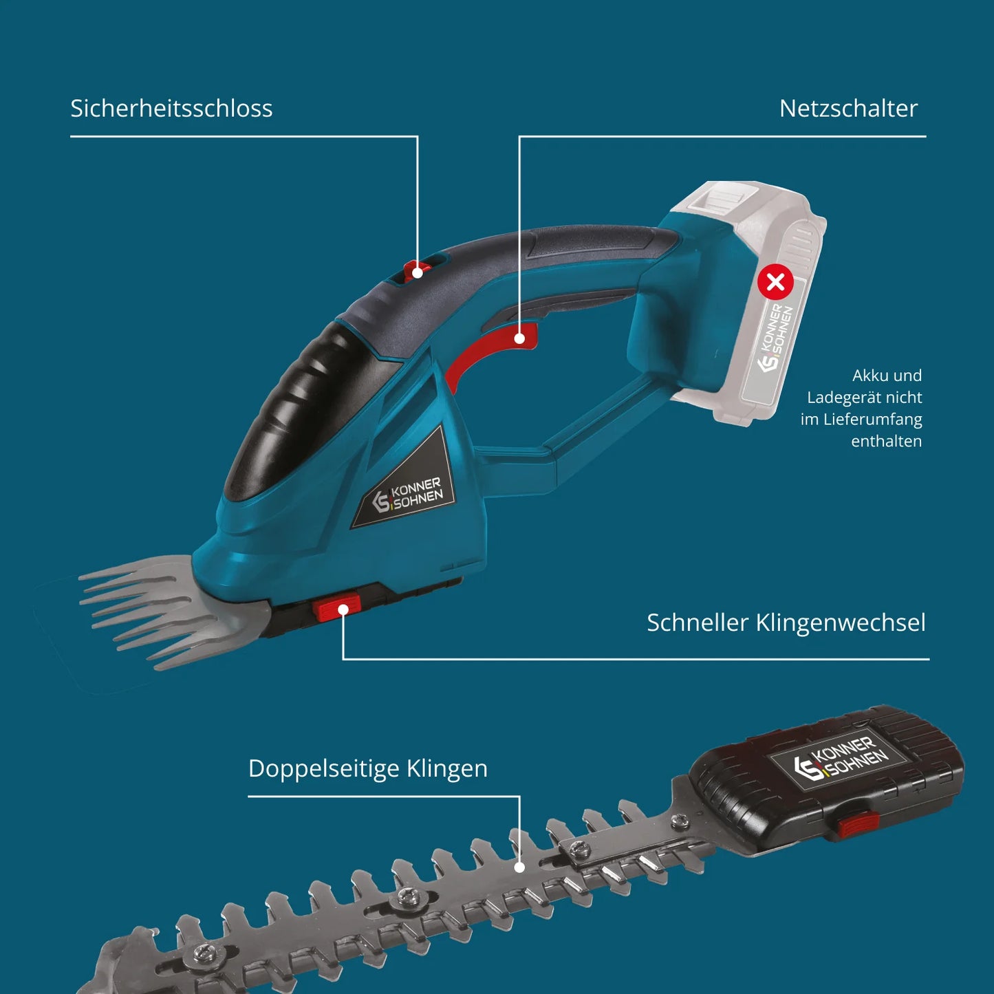 "Könner & Söhnen" Set Akku-Grasschere und Heckenschere 2 in 1 KS SHT-20V + 4Ah Batterie KS 20V4-2