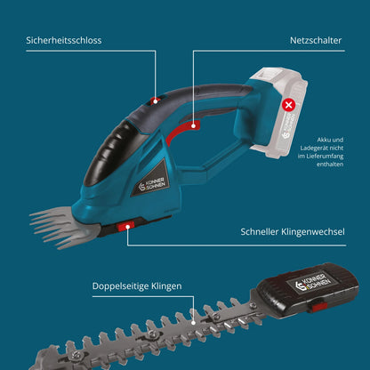 "Könner & Söhnen" Set Akku-Grasschere und Heckenschere 2 in 1 KS SHT-20V + 4Ah Batterie KS 20V4-2