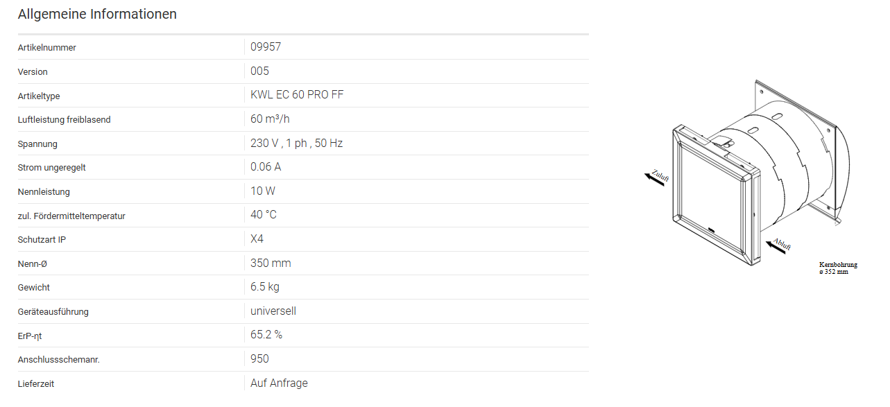 Helios Ventilator Wärmerückgewinnung KWL EC 60 PRO FF Lüftungseinsatz kompl. Bedienelement Feuchtefühler 9957