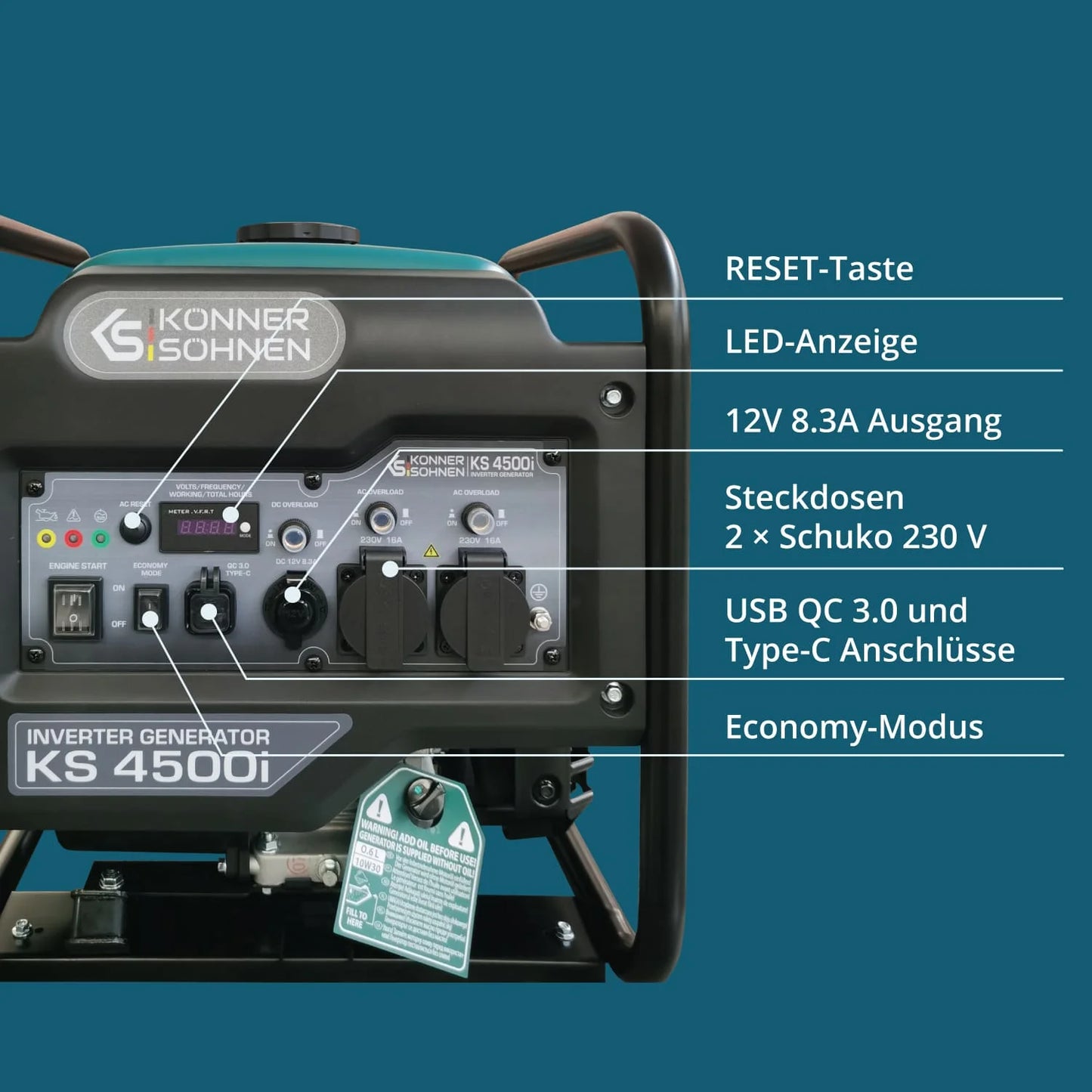 "Könner & Söhnen" Inverter-Generator KS 4500i - 4.2kW Nennleistung - Benzinmotor - 230V