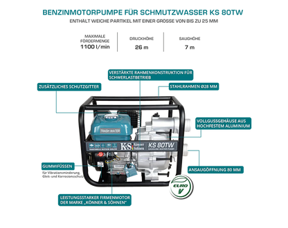 "Könner & Söhnen" Motorpumpe für Schmutzwasser KS 80TW - Saughöhe 7m - Förderhöhe 26-28m