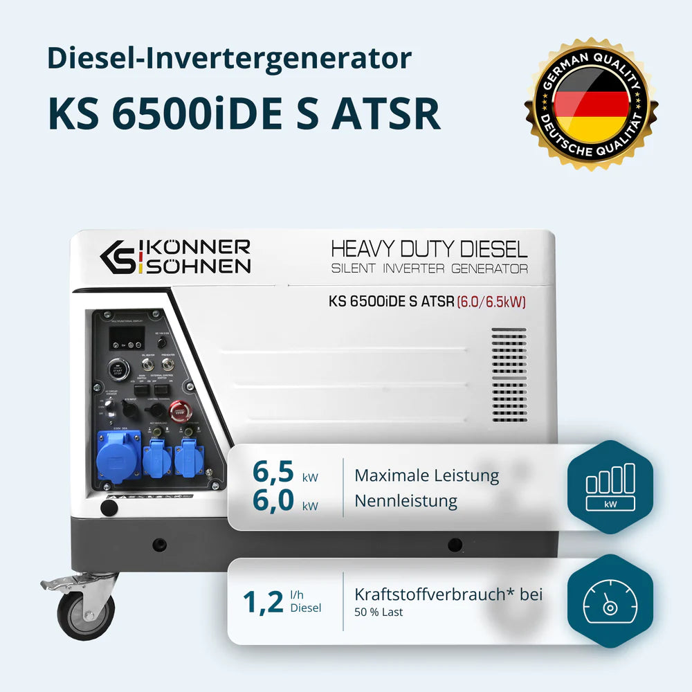 "Könner & Söhnen" Diesel Inverter Generator in Soundproof Casing KS 6500iDE S ATSR  - 6kVA Nennleistung - Dieselmotor - 230V