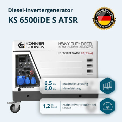 "Könner & Söhnen" Diesel Inverter Generator in Soundproof Casing KS 6500iDE S ATSR  - 6kVA Nennleistung - Dieselmotor - 230V
