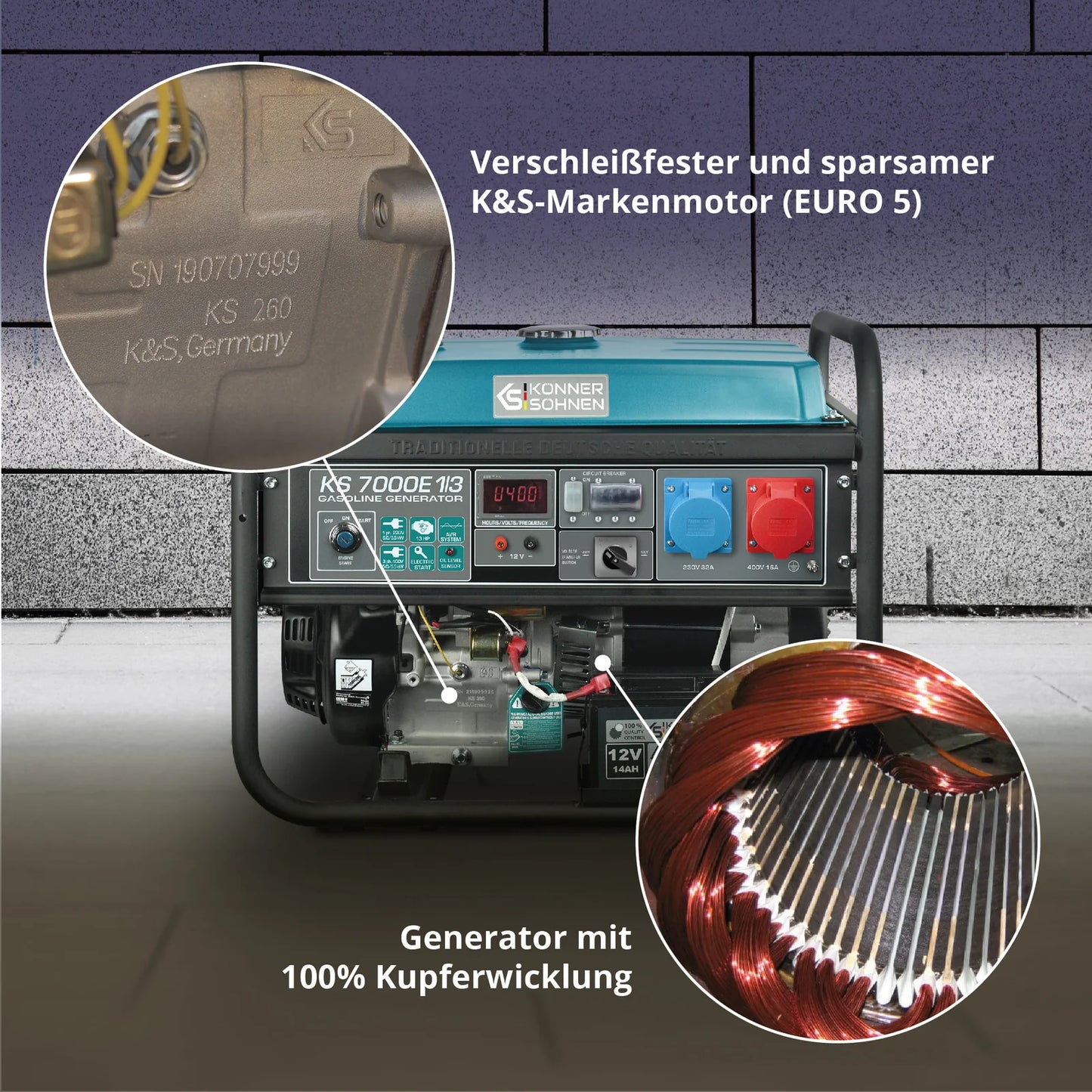 "Könner & Söhnen" Inverter-Generator KS 7000E 1/3 - 5kW Nennleistung - Benzinmotor - 230/400V