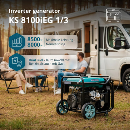 "Könner & Söhnen" Inverter-Generator KS 8100iEG 1/3 - 8kW Nennleistung (230/400V ohne Umschaltverluste abrufbar) - Benzin-/Gasmotor