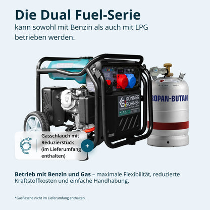 "Könner & Söhnen" Inverter-Generator KS 8100iEG 1/3 - 8kW Nennleistung (230/400V ohne Umschaltverluste abrufbar) - Benzin-/Gasmotor