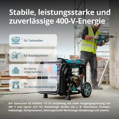 "Könner & Söhnen" Inverter-Generator KS 8100iEG 1/3 - 8kW Nennleistung (230/400V ohne Umschaltverluste abrufbar) - Benzin-/Gasmotor
