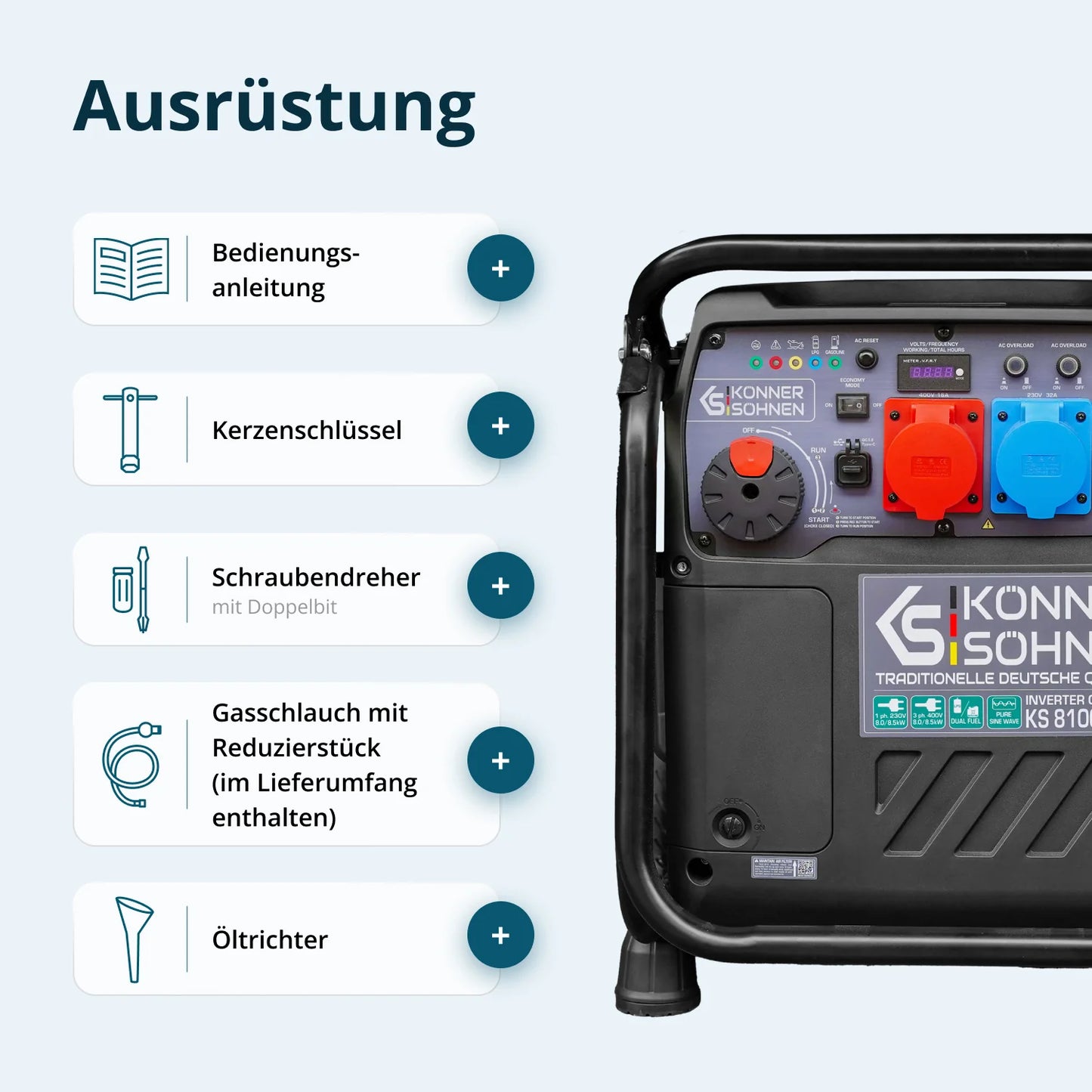 "Könner & Söhnen" Inverter-Generator KS 8100iEG 1/3 - 8kW Nennleistung (230/400V ohne Umschaltverluste abrufbar) - Benzin-/Gasmotor