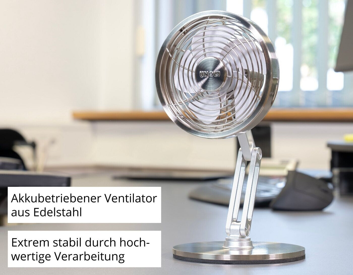 Unold 86705 Akku-Tischventilator Steel Flex ed 4W 3Geschwindigkeitsstufen Ø14cm